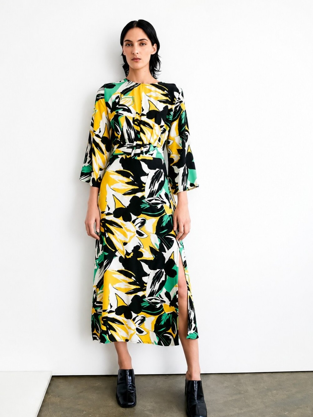 Warehouse Floral Wrap Midi Dress in Yellow, Black & Green